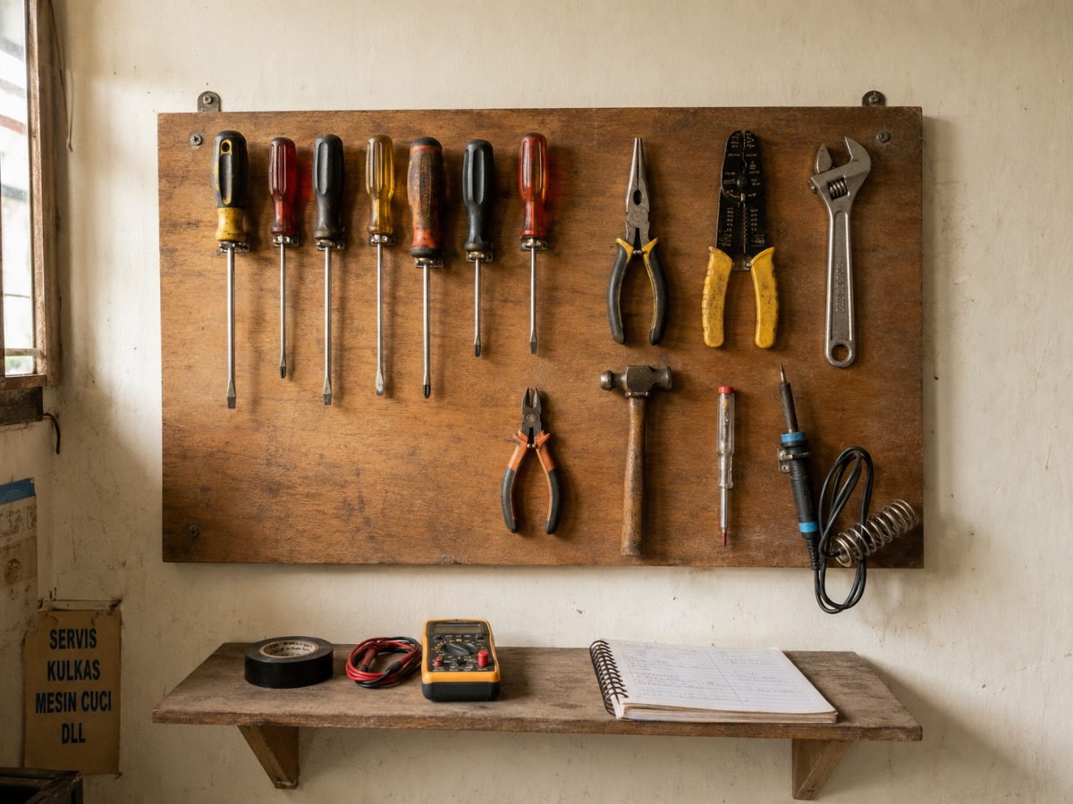 Pegboard alat kerja: obeng, tang, kunci pas, solder